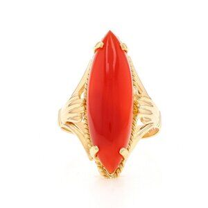 Yellow Gold Carnelian Vintage Cocktail Solitaire Ring 18k Marquise Cabochon Rope